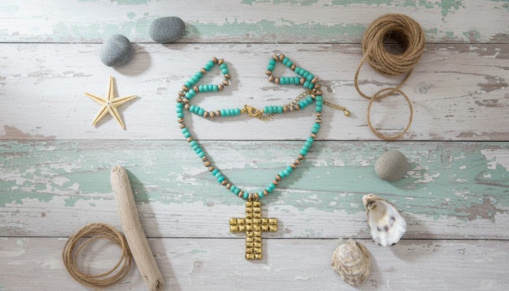 Beaded Cross with Gold Accent Necklace