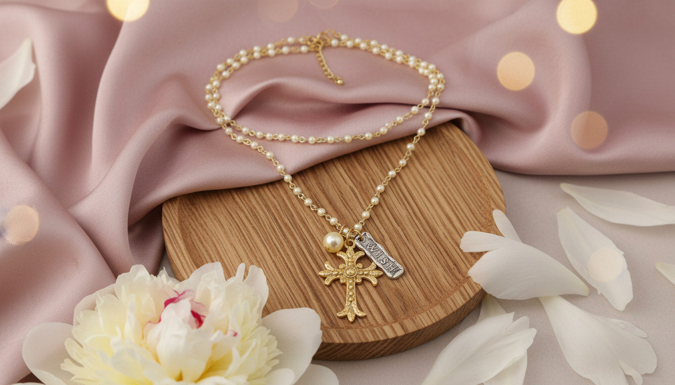 Gold-tone necklace with Pearl Beads, a Cross Pendant