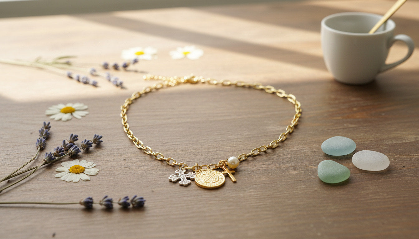 Gold-Tone Necklace with Religious-Themed Charms
