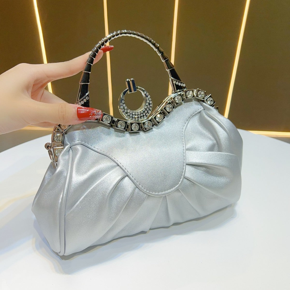 Elegant Pleated Evening Handbag with Crystals