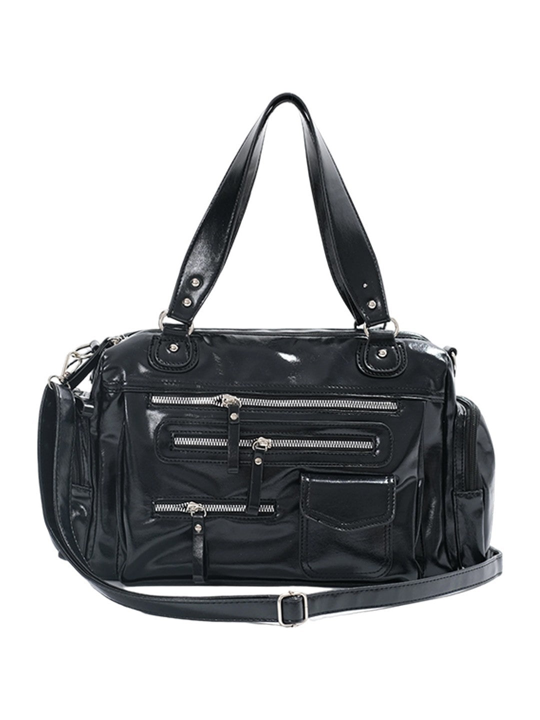 Glossy Black Multi-Pocket Tote Handbag