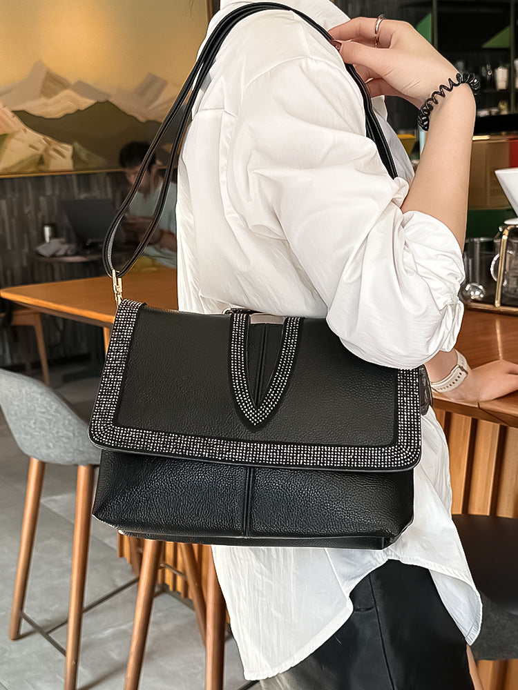 Black Soft Leather Rhinestone Shoulder Crossbody Bag