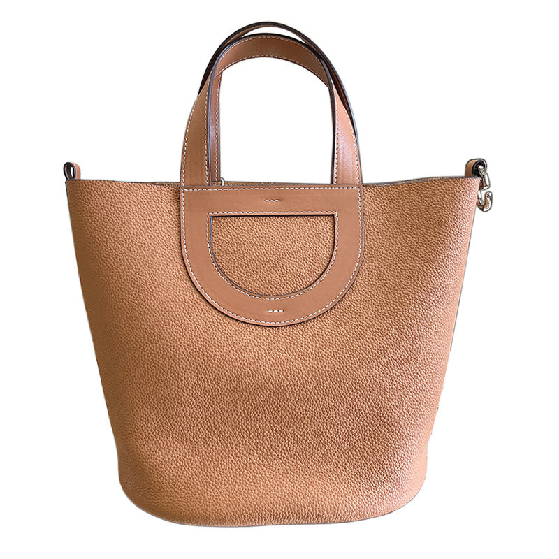 Pebbled Leather D-Pocket Bucket Handbag