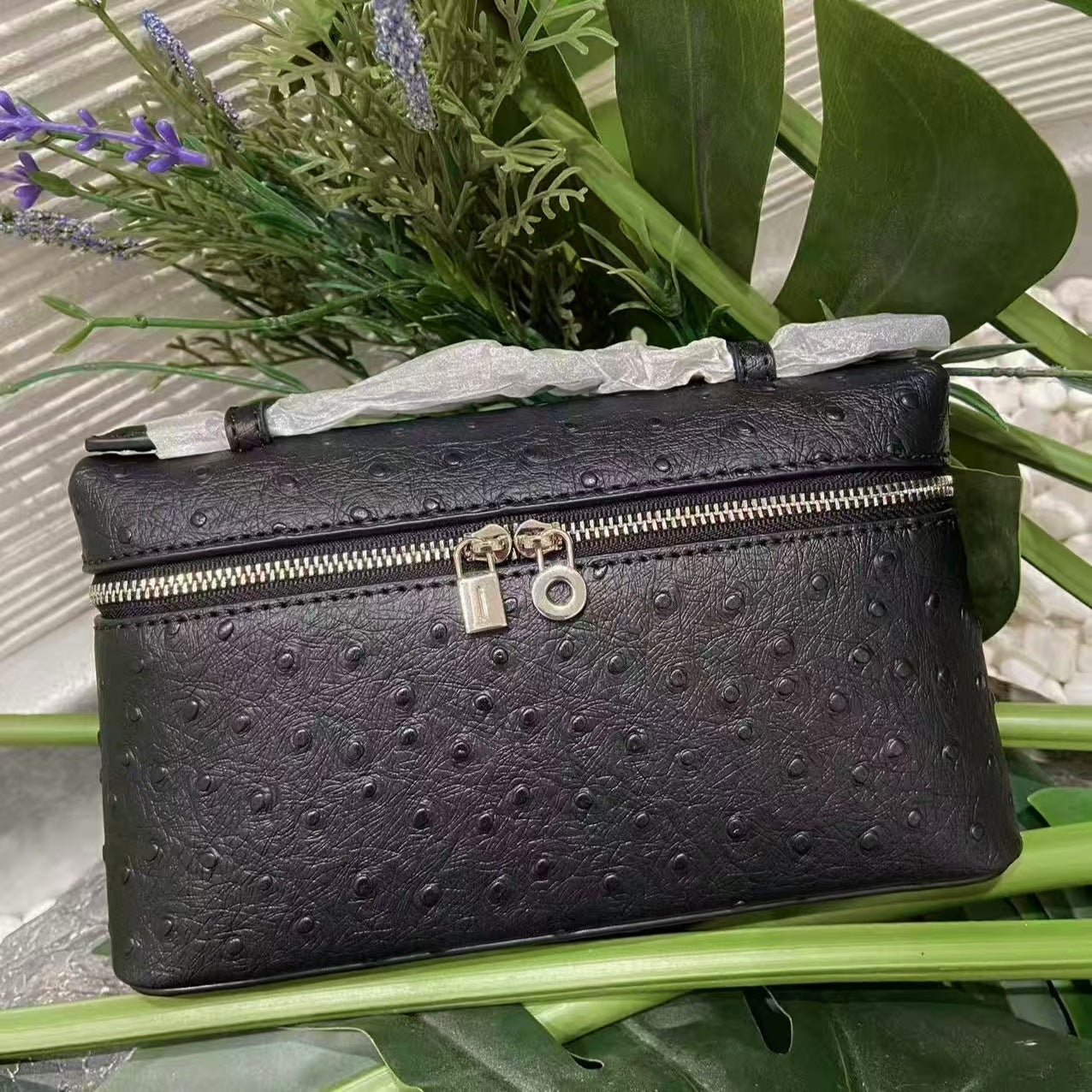 Genuine Leather Ostrich Pattern Box Handbag