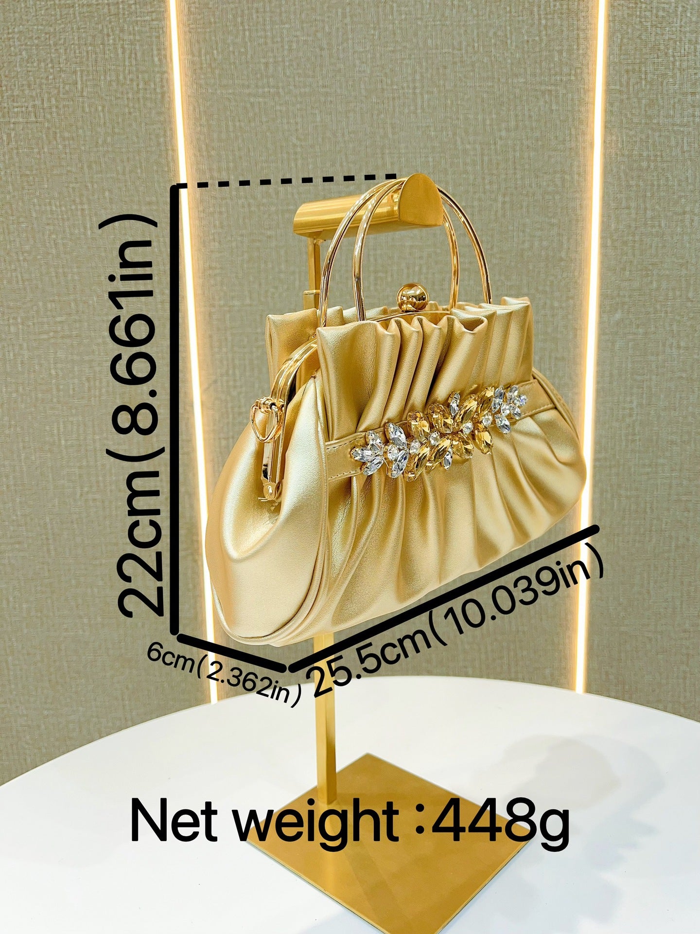Elegant Gold Pleated Rhinestone Handbag