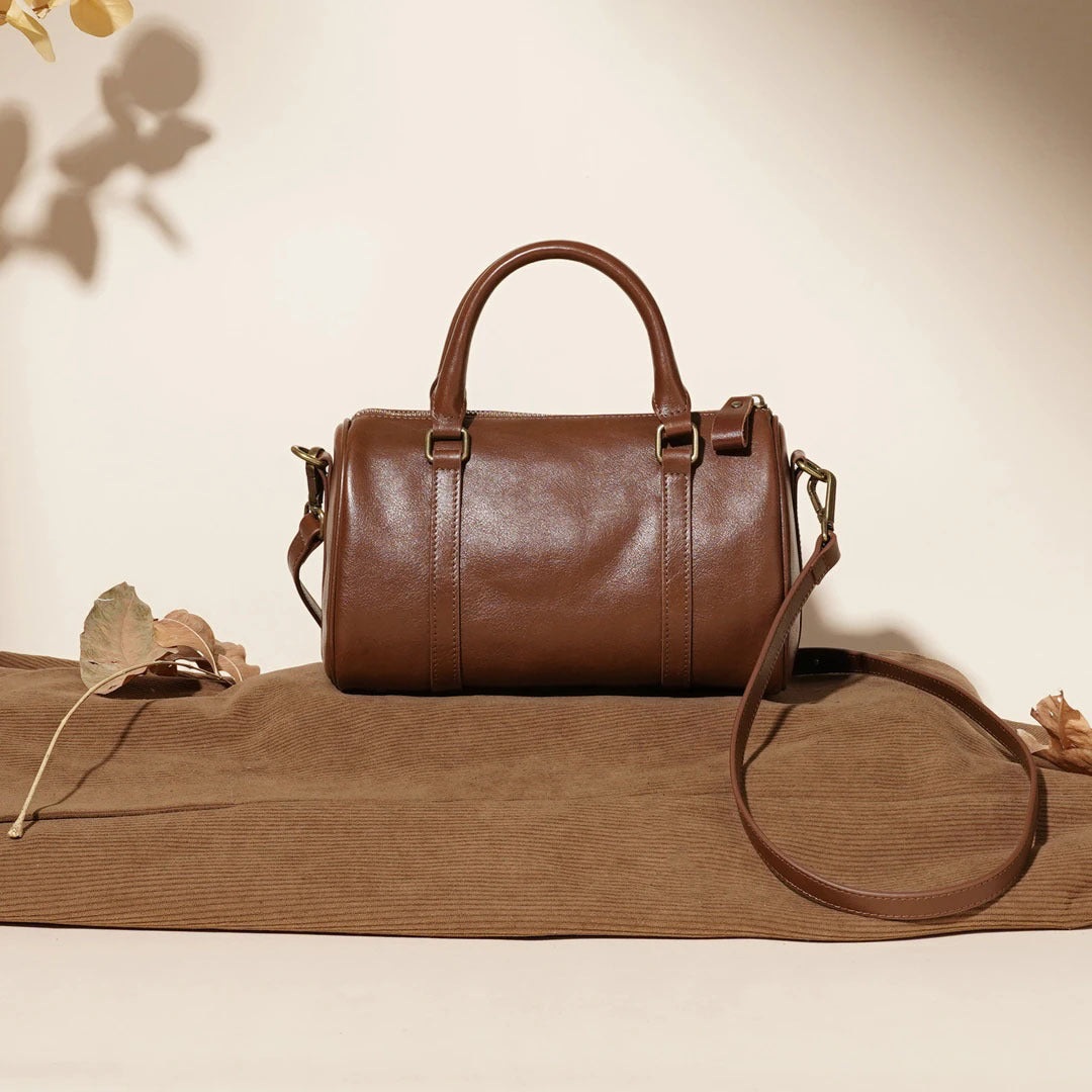 Vintage Leather Barrel Handbag Crossbody Shoulder Bag