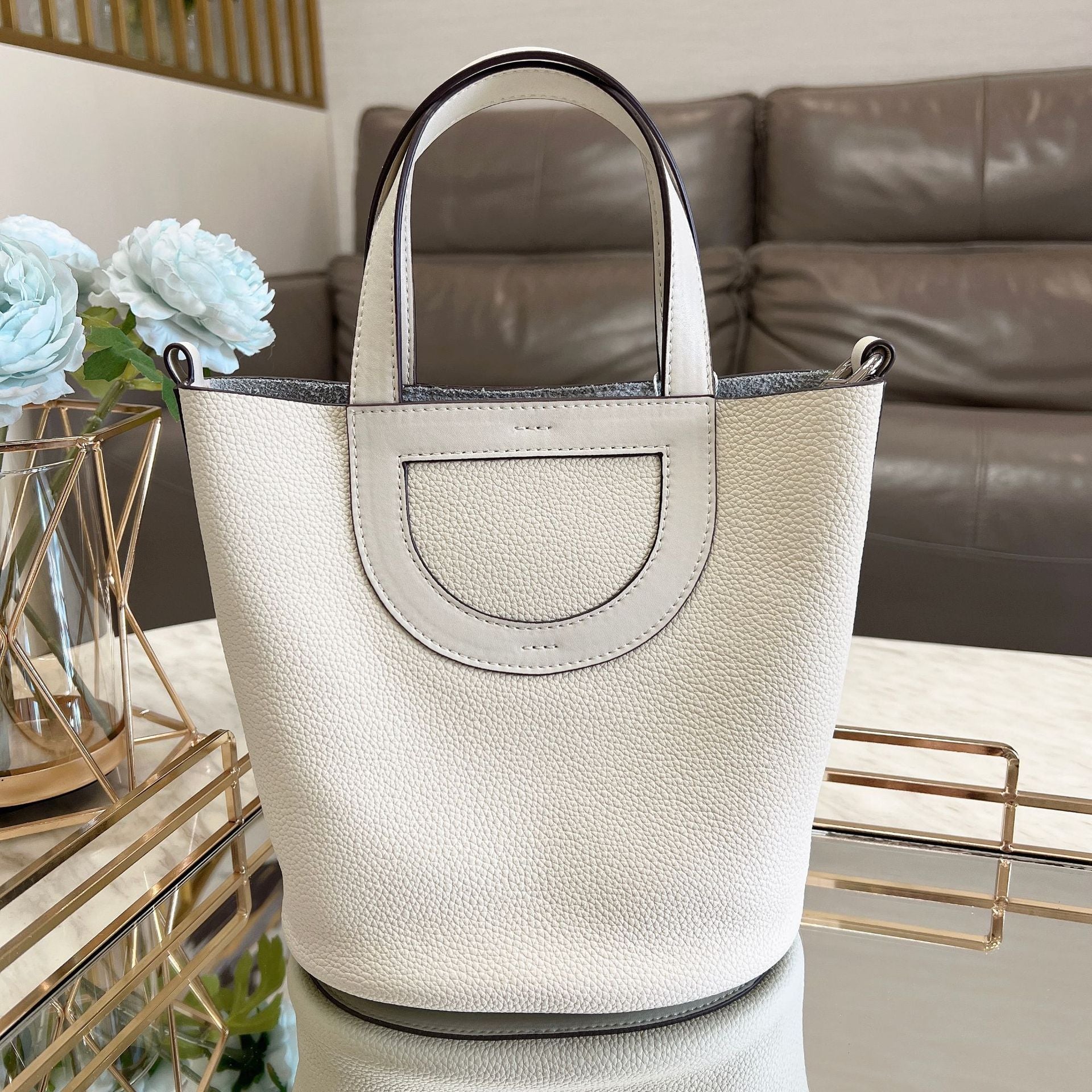 Pebbled Leather D-Pocket Bucket Handbag