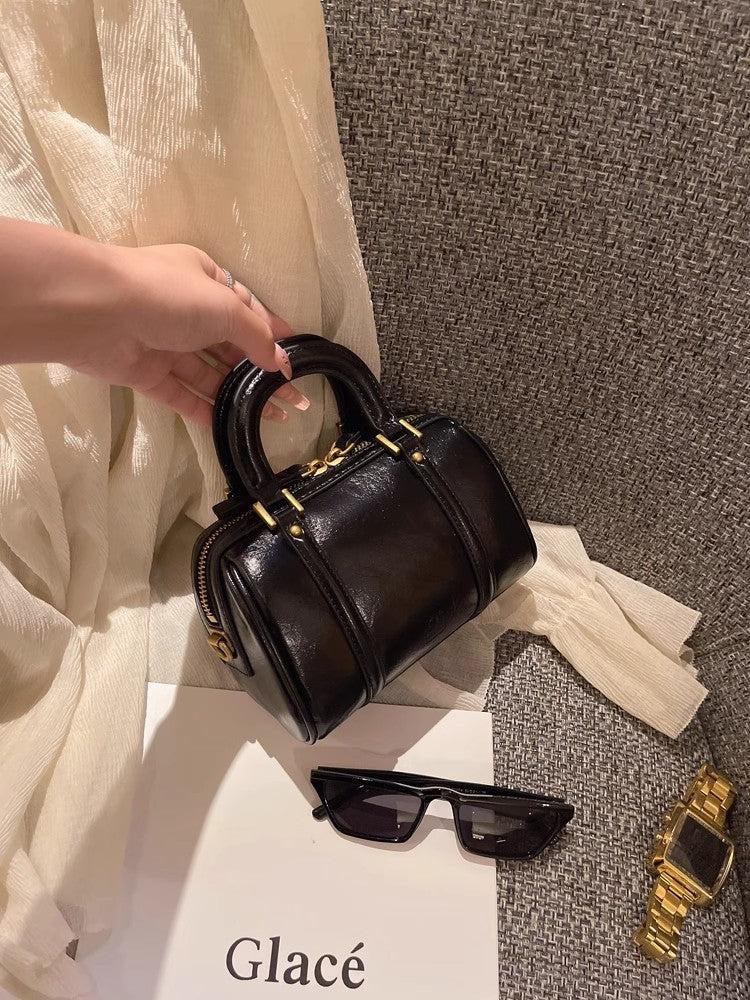 Glossy Soft Leather Mini Barrel Handbag