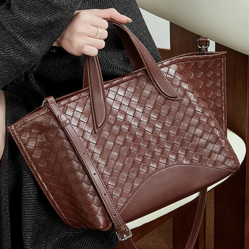 Genuine Leather Woven Tote Shoulder Bag