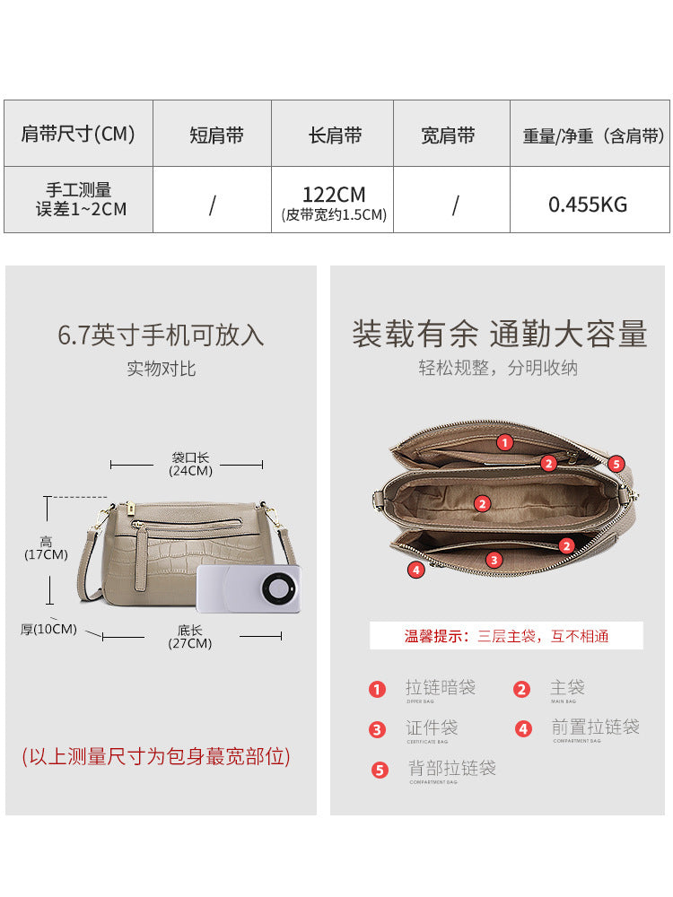 Genuine Leather Croc Embossed Multi-Compartment Bag