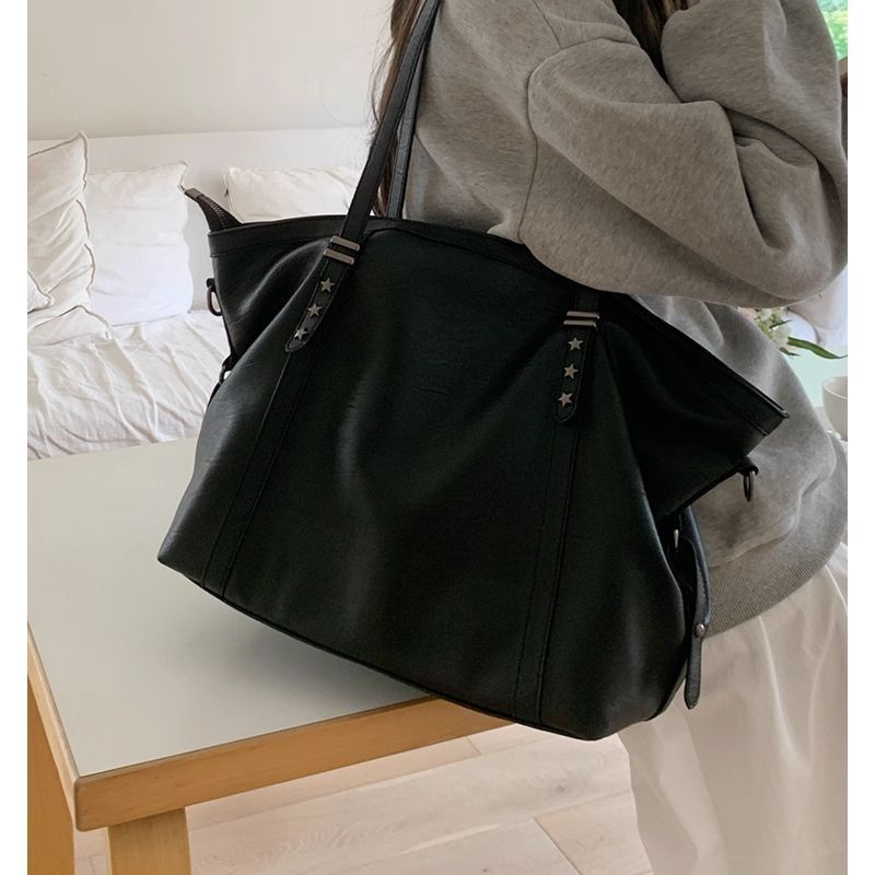 Women's Black Soft Faux Leather Tote Shoulder