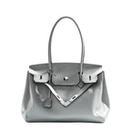 Silver Leather Tote Handbag Large Capacity