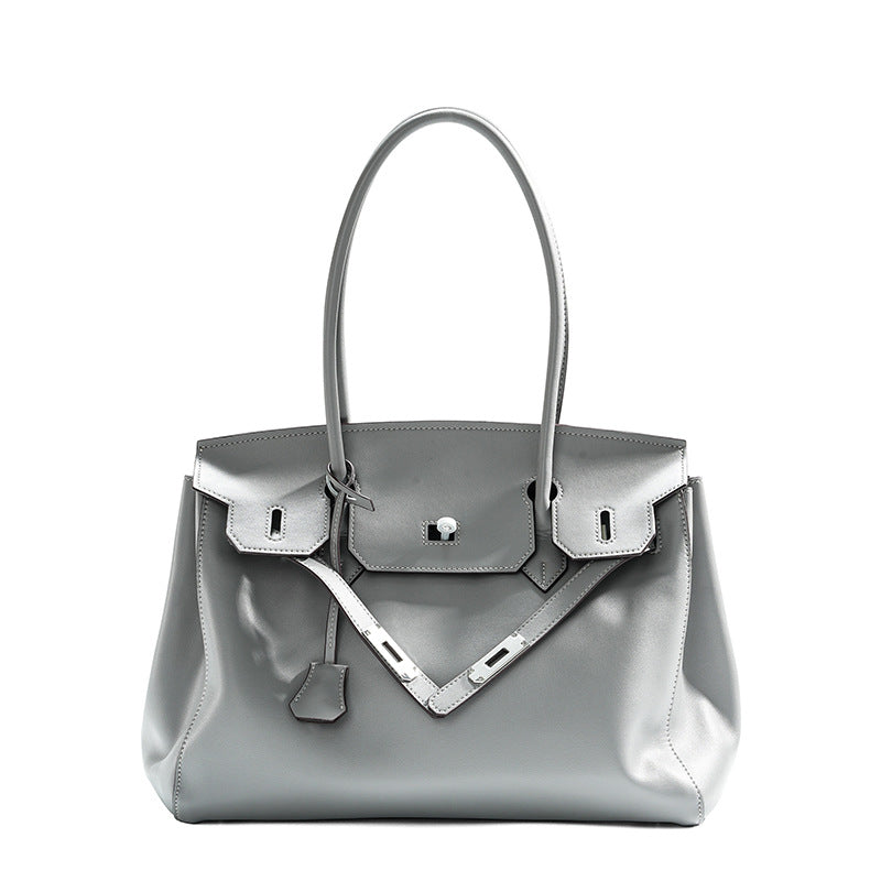 Silver Leather Tote Handbag Large Capacity