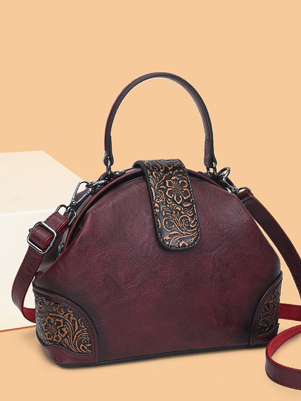 Retro Embossed Faux Leather Top-Handle Crossbody Bag