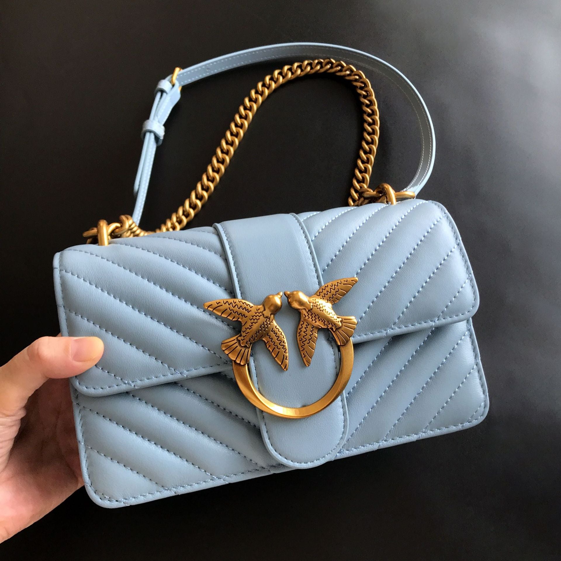 Genuine Leather Quilted Love Birds Crossbody Bag