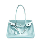Silver Leather Tote Handbag Large Capacity
