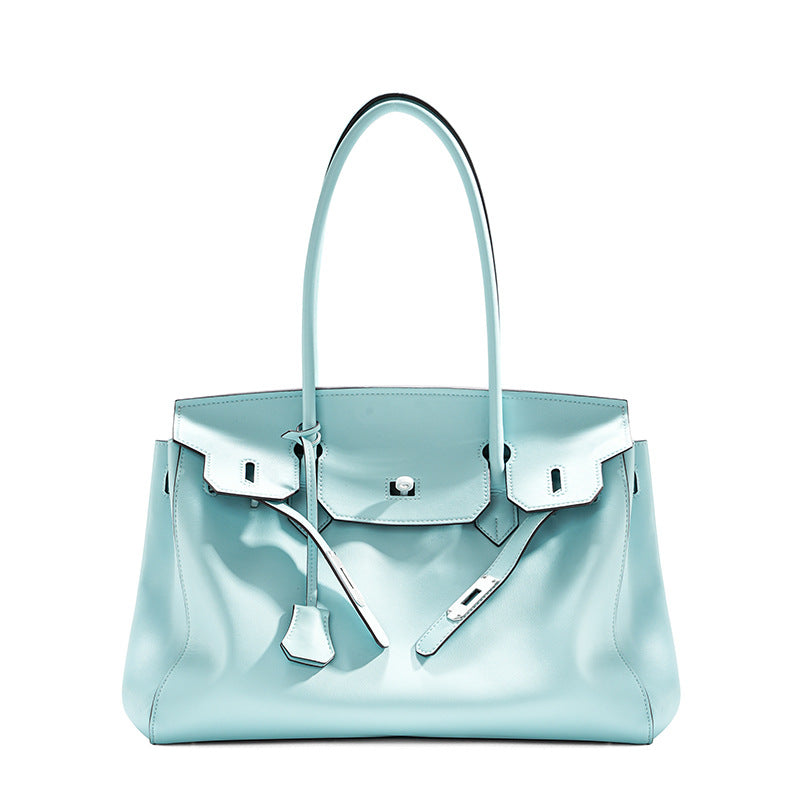 Silver Leather Tote Handbag Large Capacity
