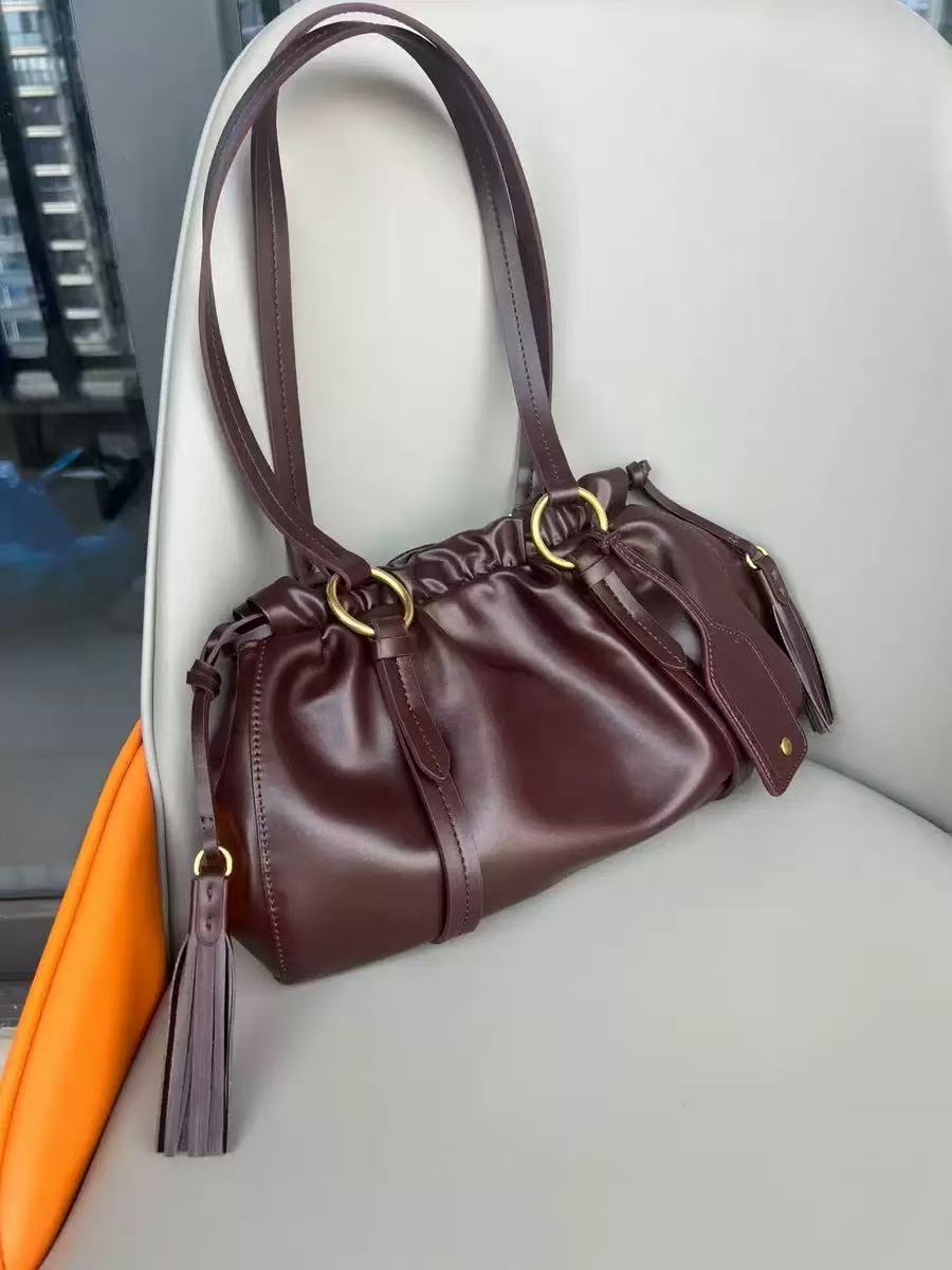 Premium Leather Ruched Drawstring Shoulder Bag