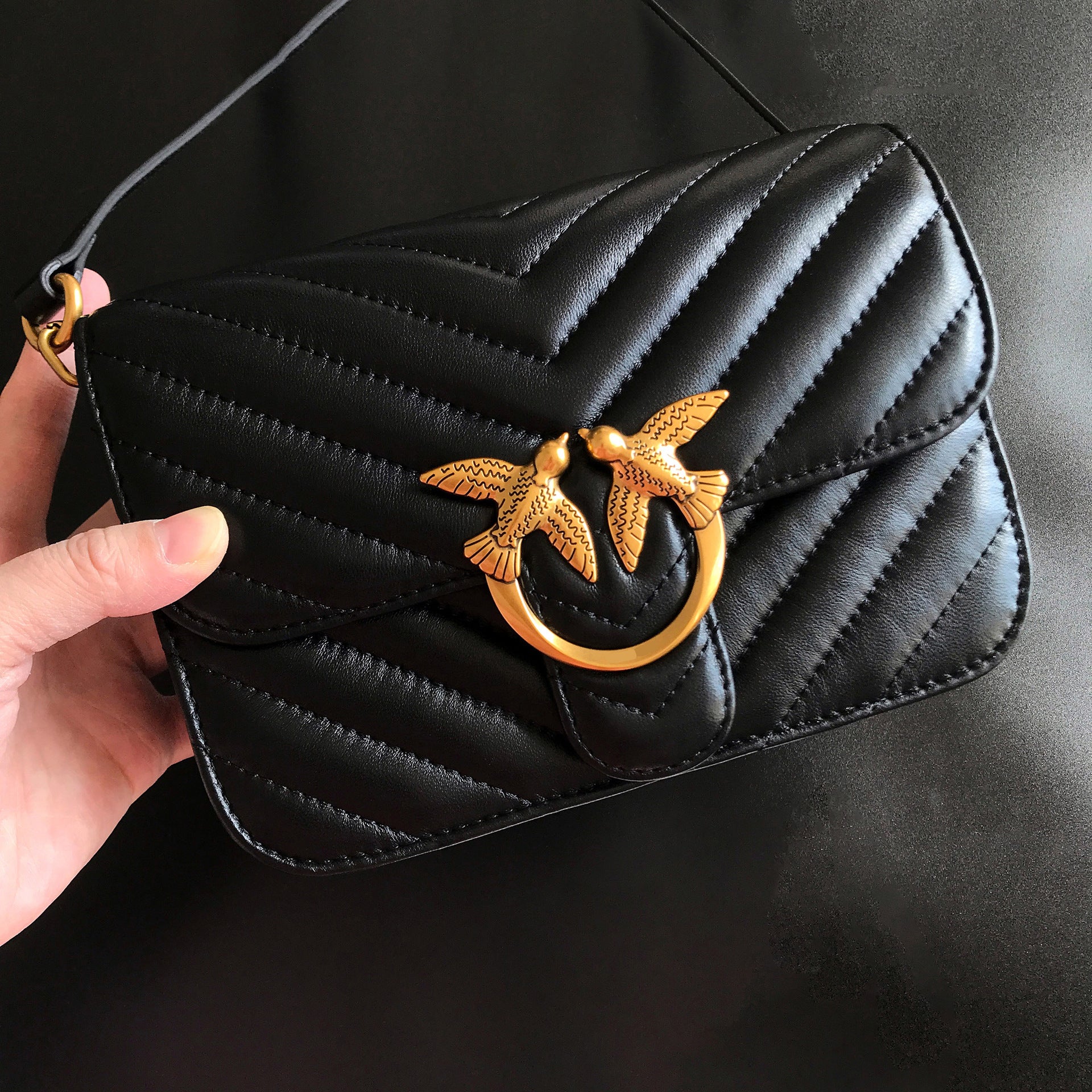 Genuine Leather Quilted Love Birds Crossbody Bag