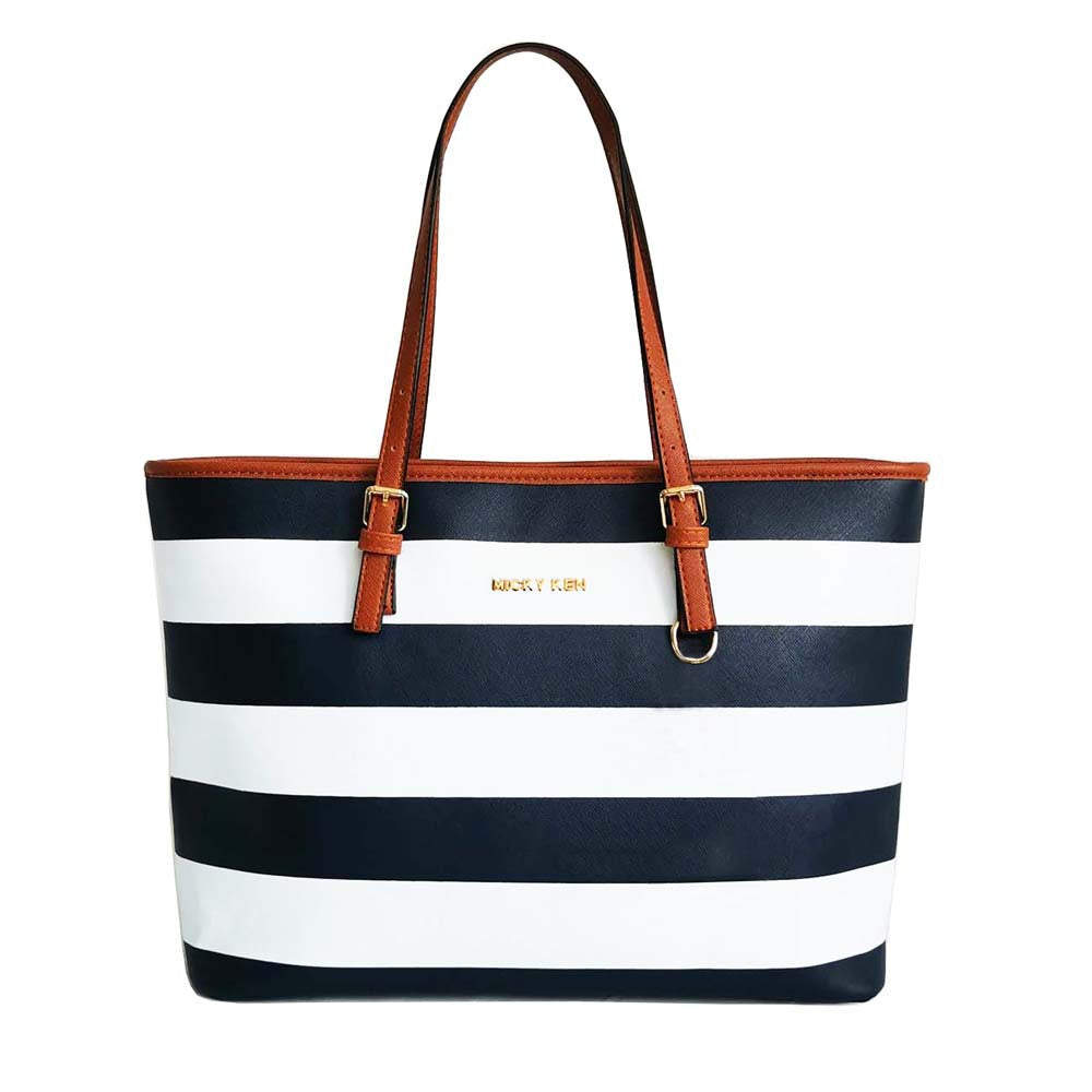 Nautical Striped Faux Leather Tote Bag