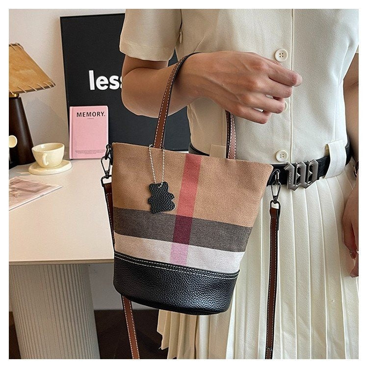 Versatile Canvas Stripe Cowhide Shoulder Bag