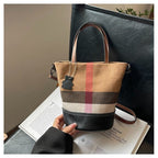 Versatile Canvas Stripe Cowhide Shoulder Bag