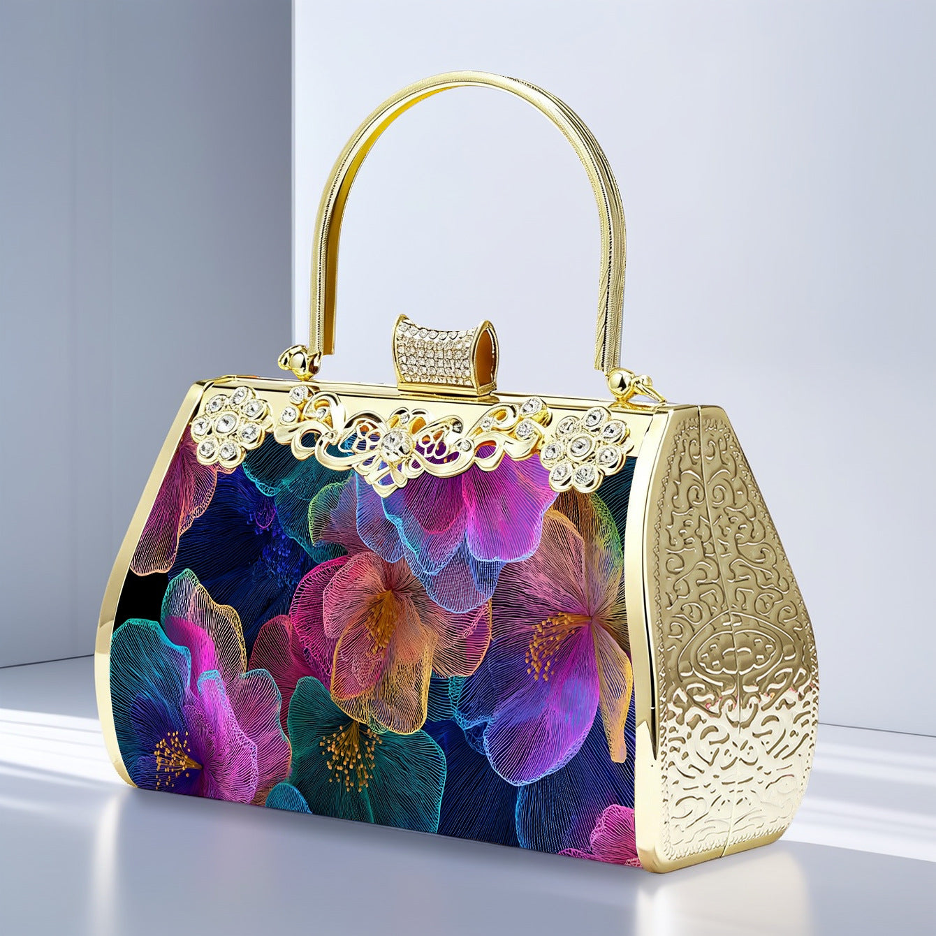 Elegant Floral Glitter Evening Clutch Handbag