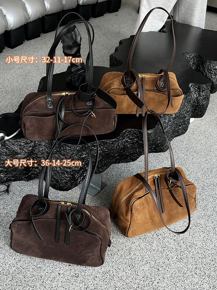Suede Leather Bowling Tote Shoulder Bag