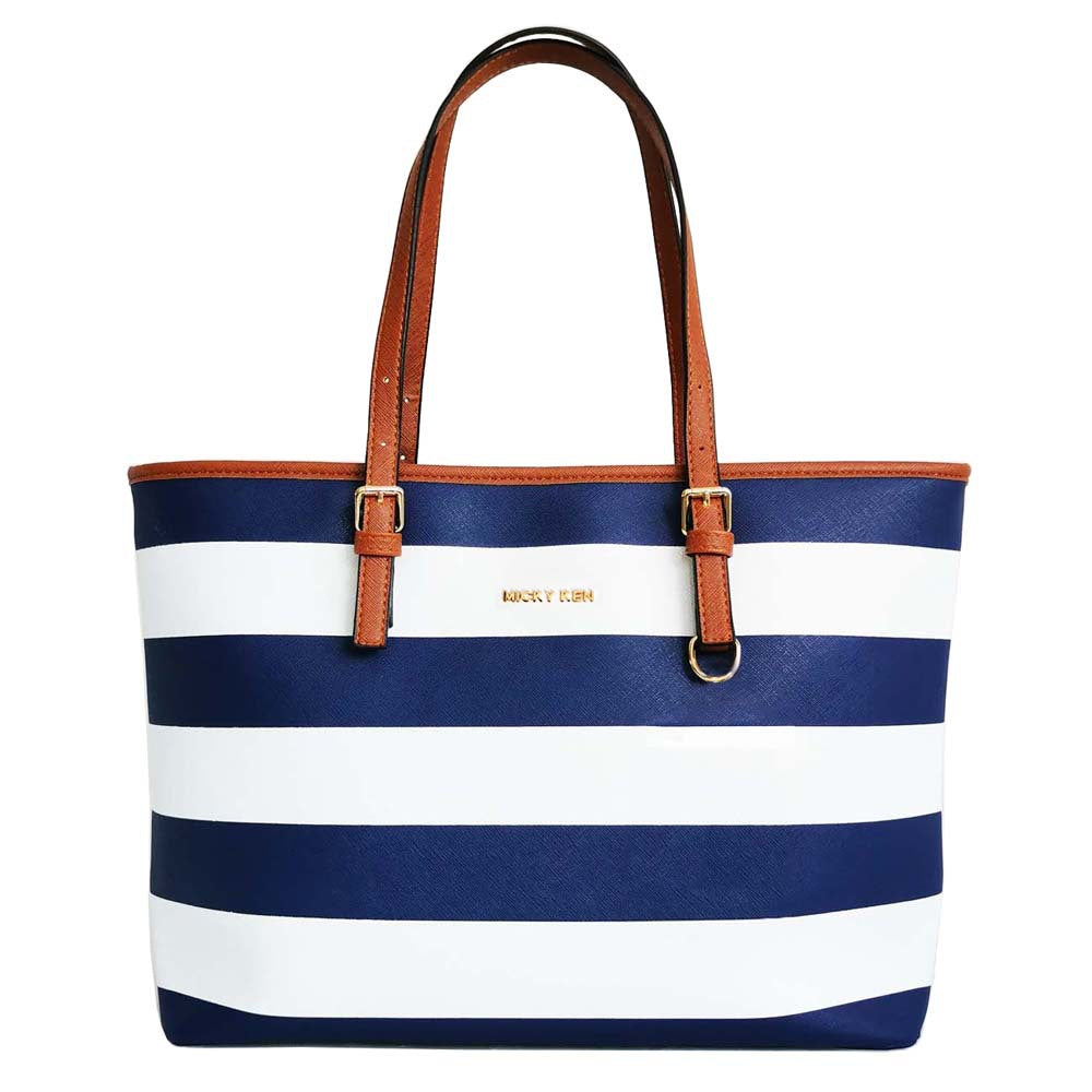 Nautical Striped Faux Leather Tote Bag