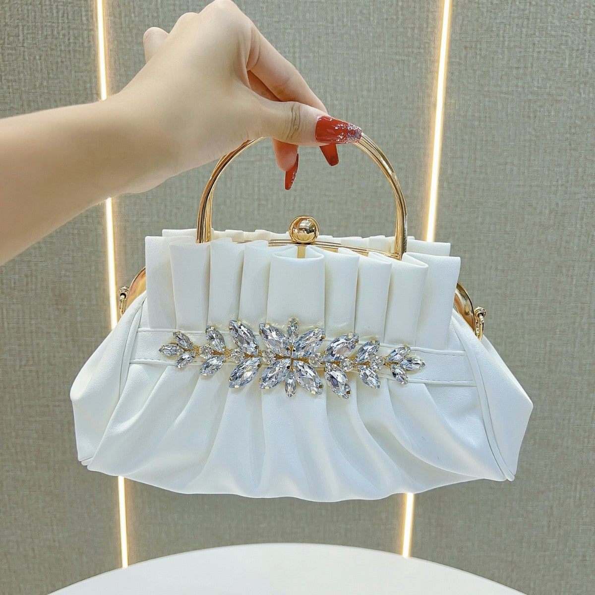 Elegant Gold Pleated Rhinestone Handbag
