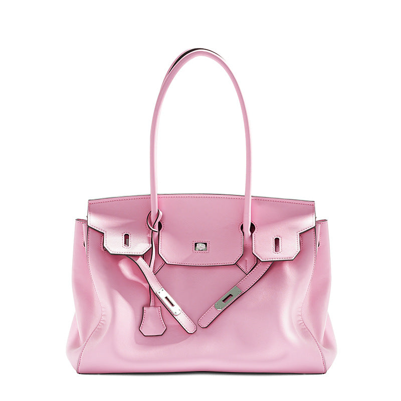 Silver Leather Tote Handbag Large Capacity
