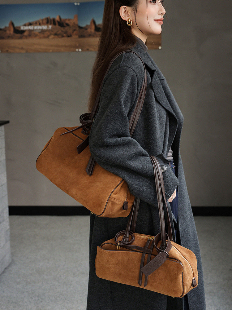 Suede Leather Bowling Tote Shoulder Bag
