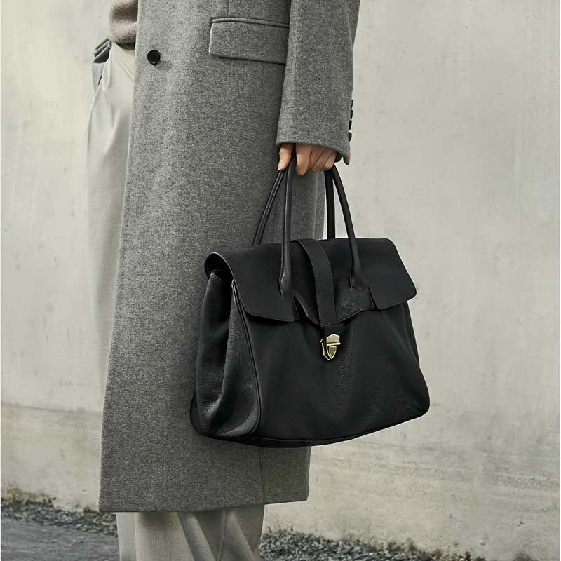 Soft Leather Work Tote Handbag with Clasp