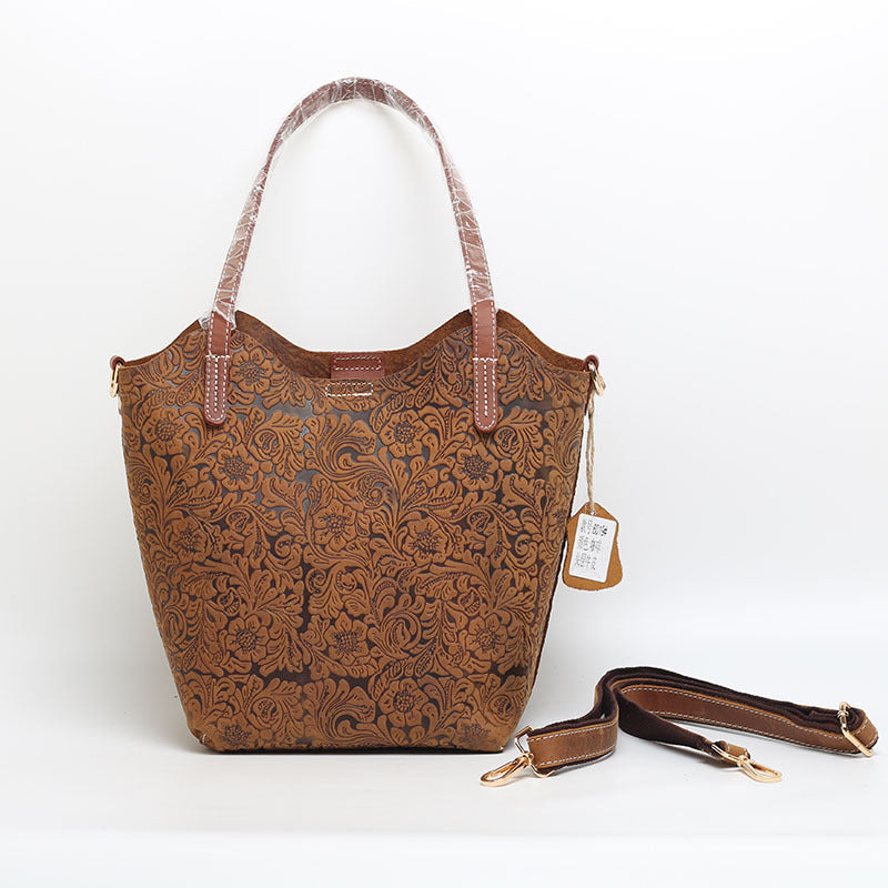 Cowhide Embossed Floral Leather Tote Bag