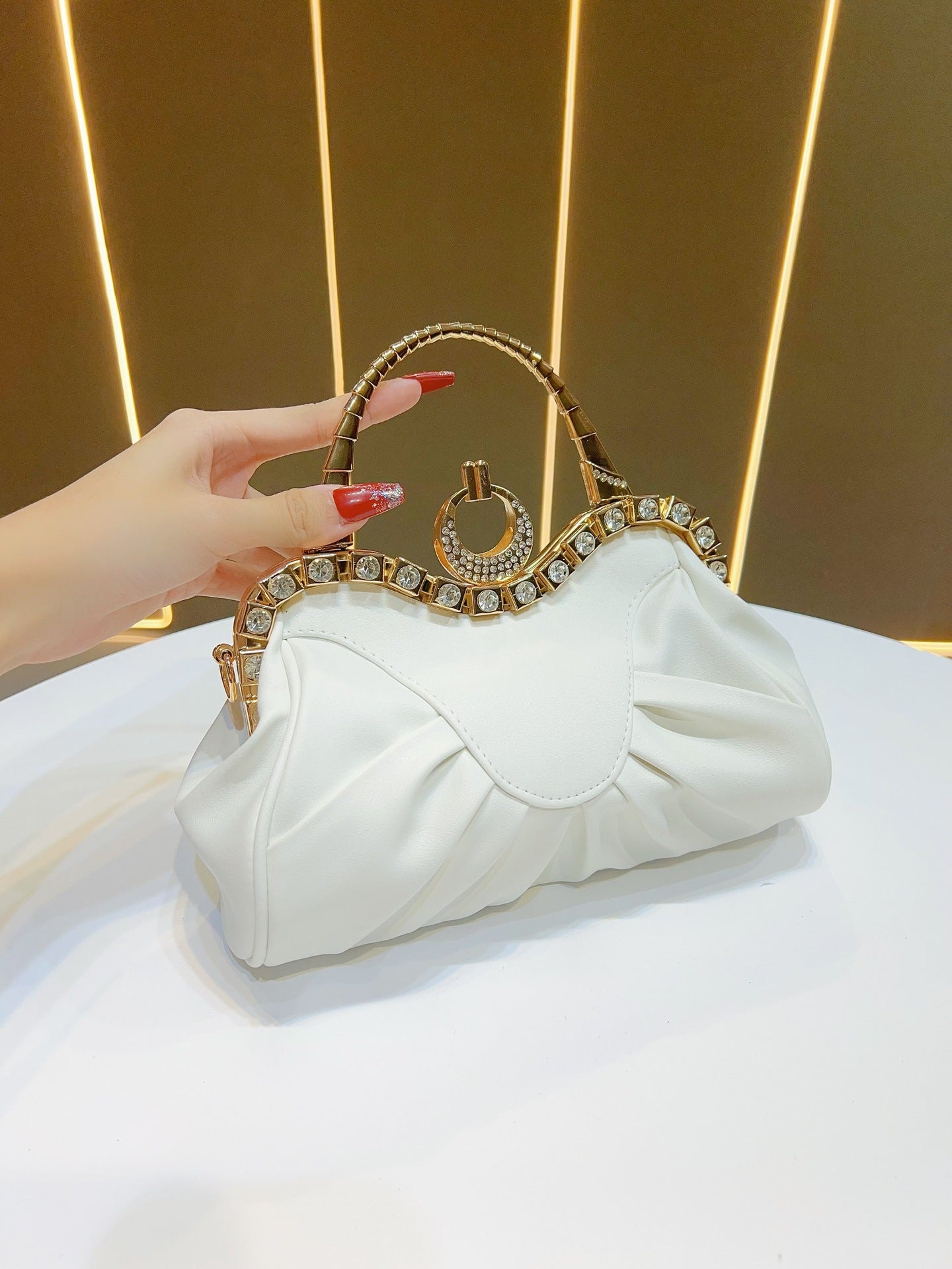 Elegant Pleated Evening Handbag with Crystals