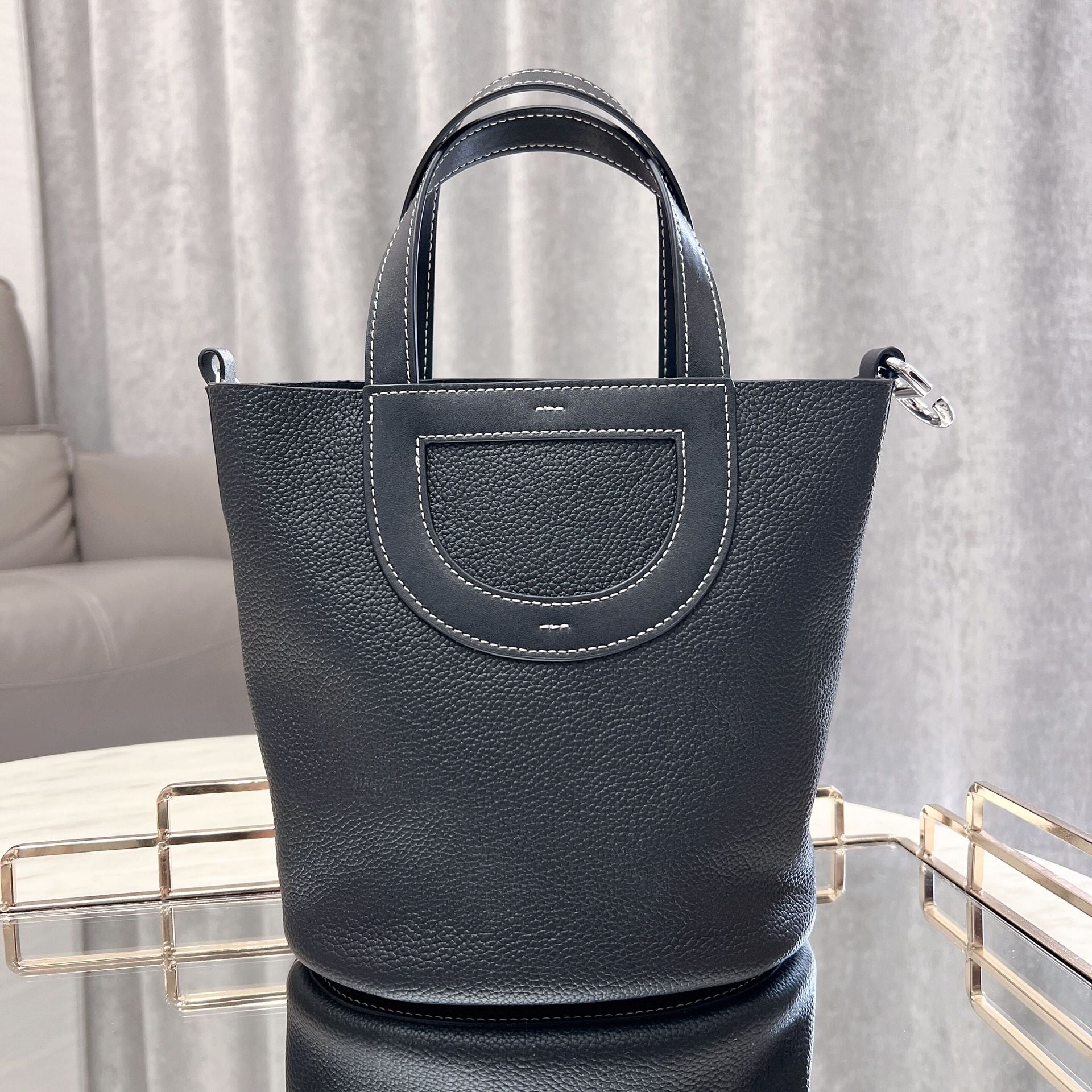 Pebbled Leather D-Pocket Bucket Handbag
