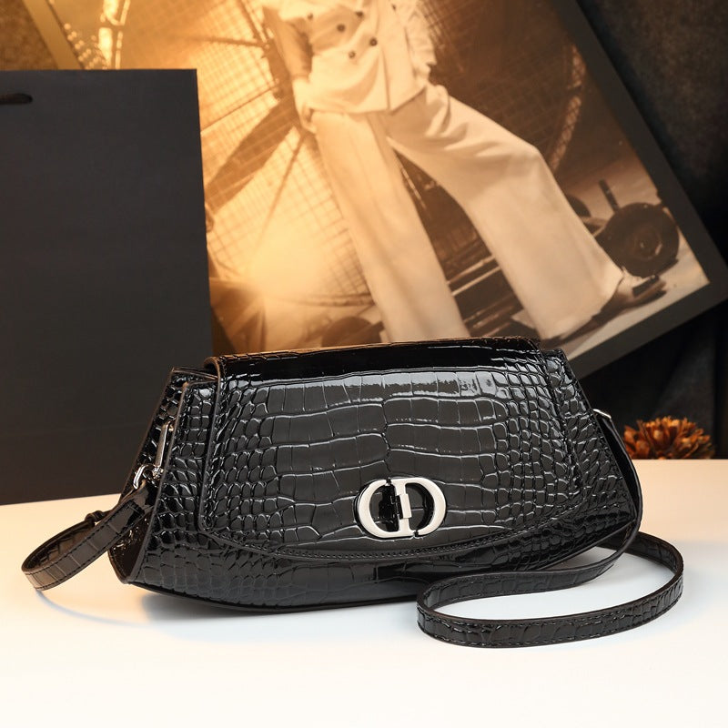 Genuine Leather Croc Embossed Shoulder Handbag
