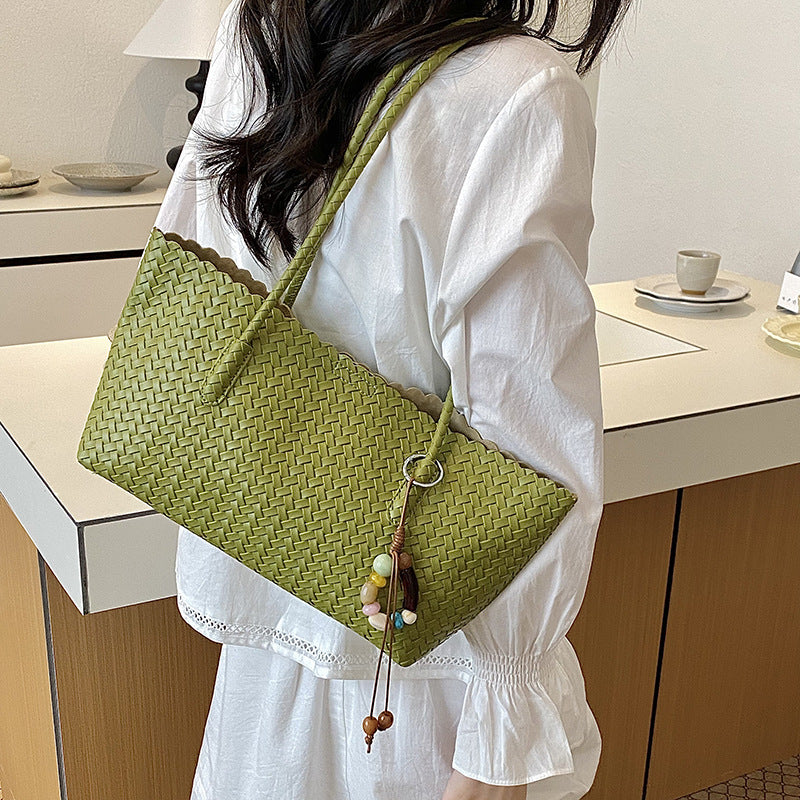 Black Woven Faux Leather Shoulder Bag
