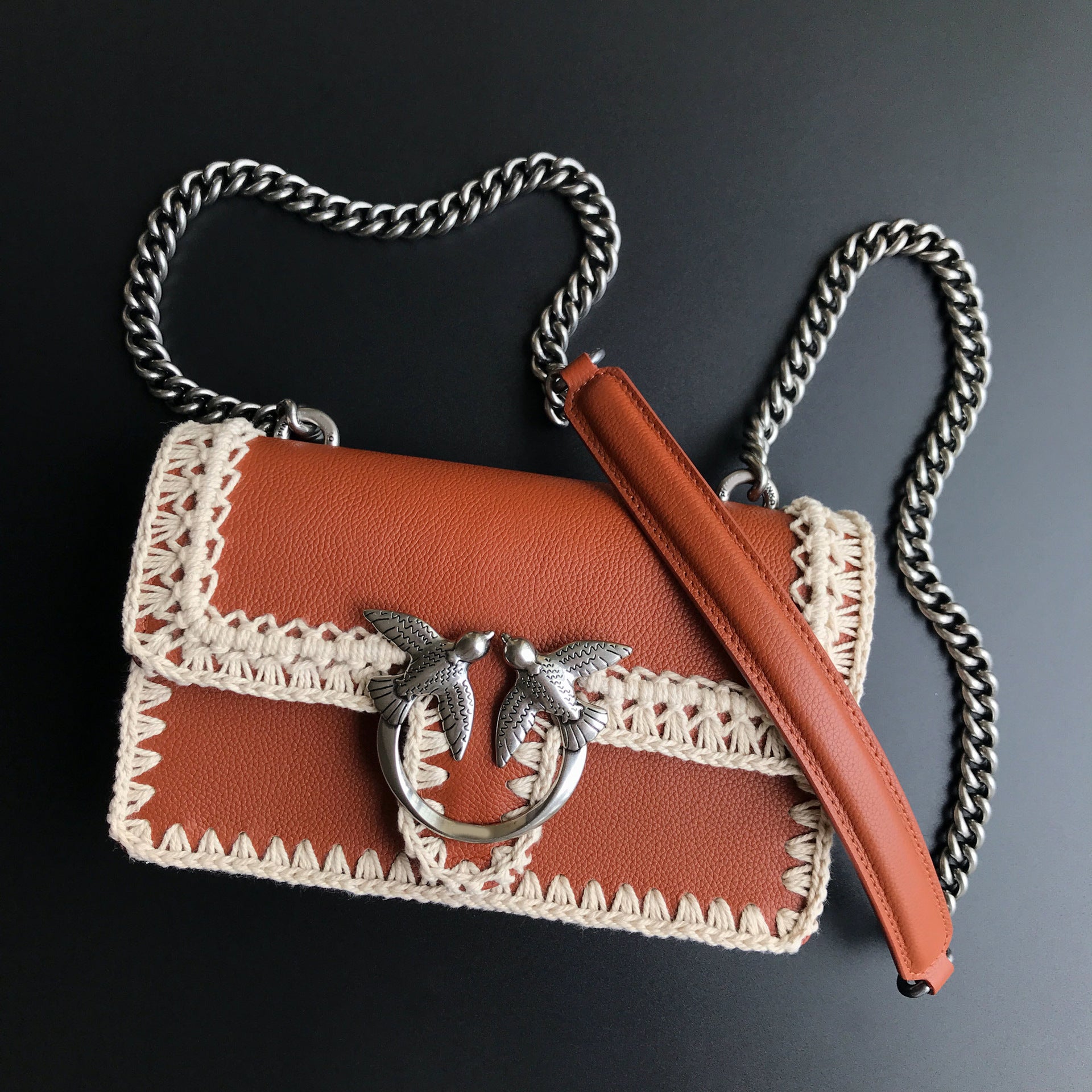 Genuine Leather Quilted Love Birds Crossbody Bag