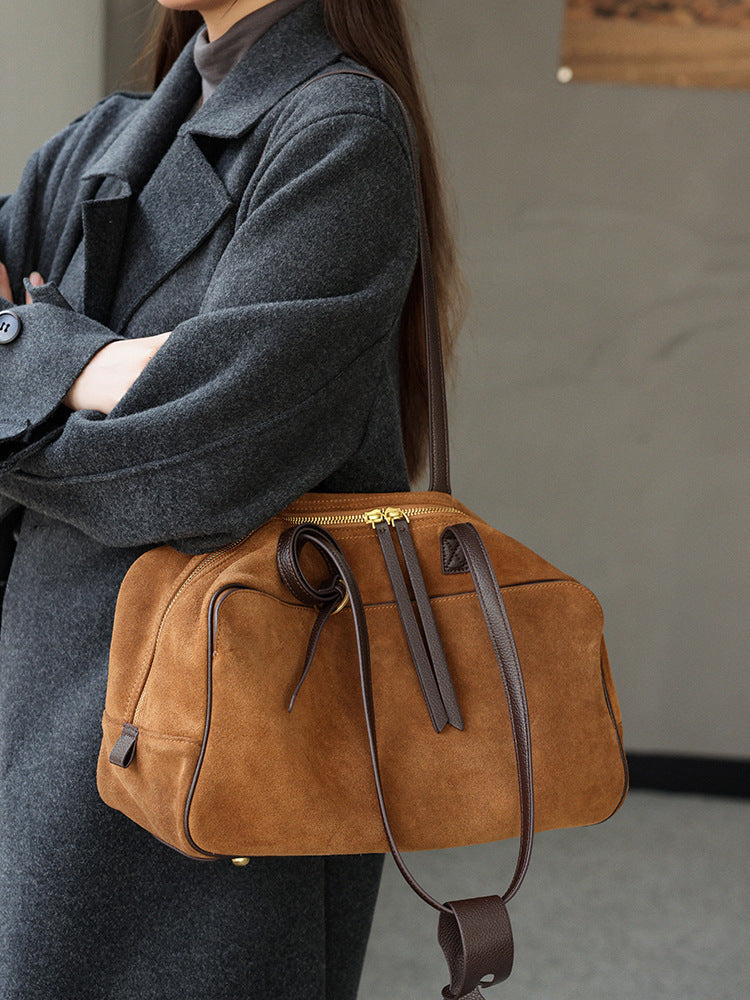 Suede Leather Bowling Tote Shoulder Bag