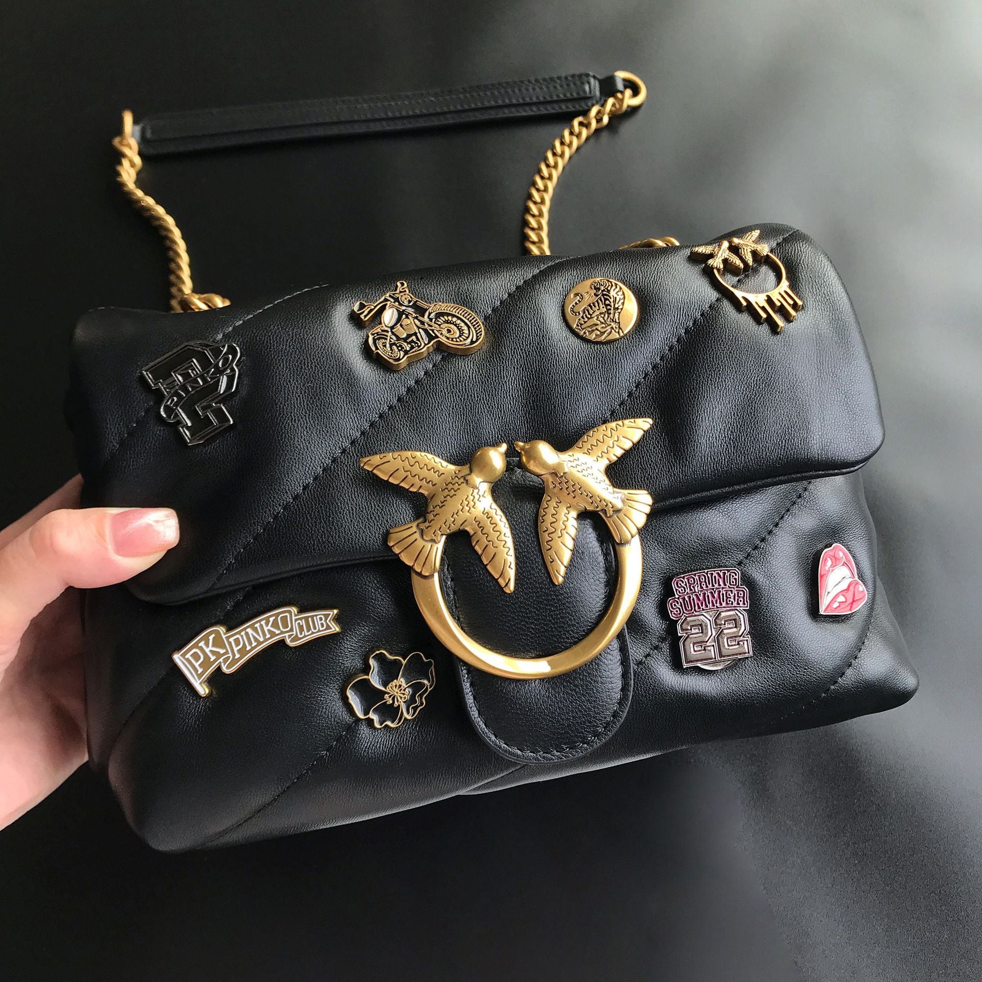 Genuine Leather Quilted Love Birds Crossbody Bag
