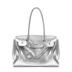 Silver Leather Tote Handbag Large Capacity