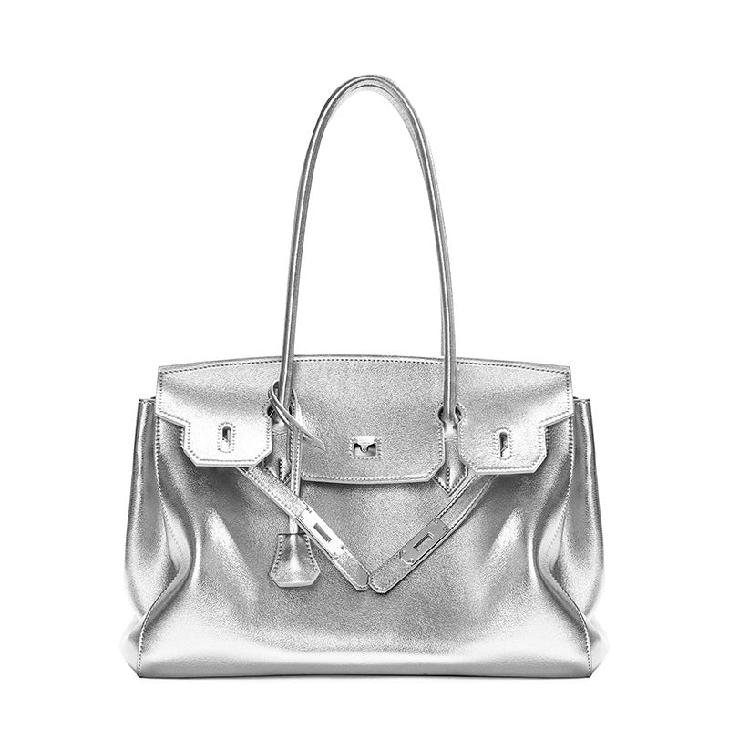 Silver Leather Tote Handbag Large Capacity