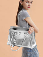 Silver Leather Tote Handbag Large Capacity