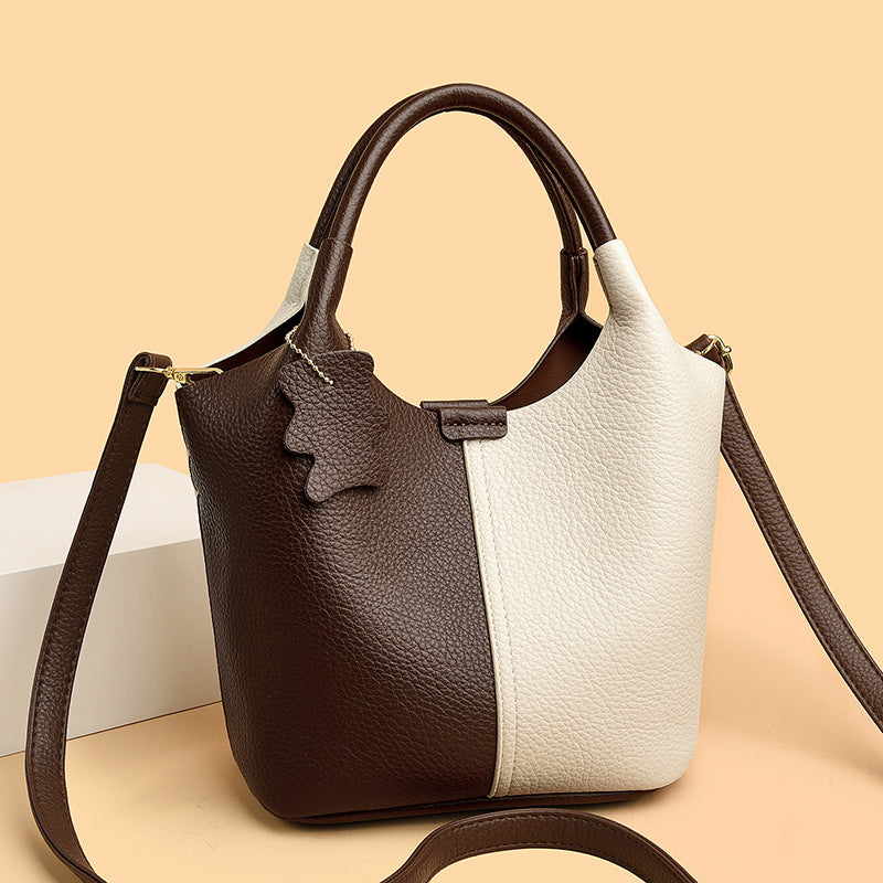 Soft Leather Two-Tone Bucket Handbag