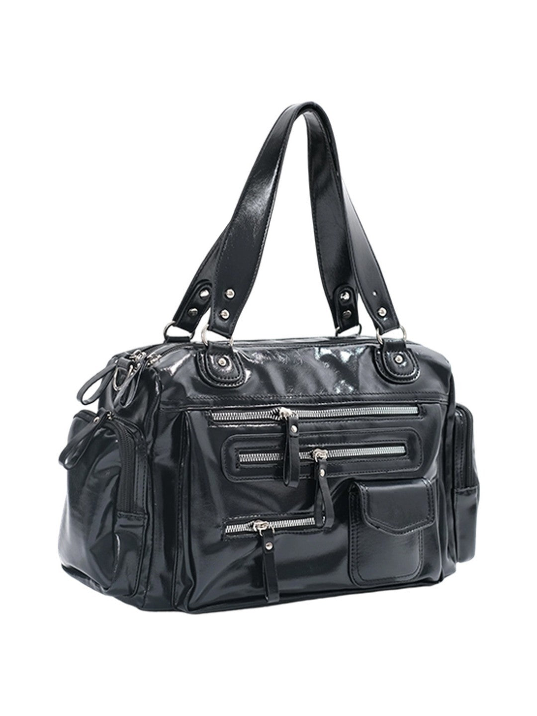 Glossy Black Multi-Pocket Tote Handbag