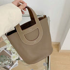 Pebbled Leather D-Pocket Bucket Handbag