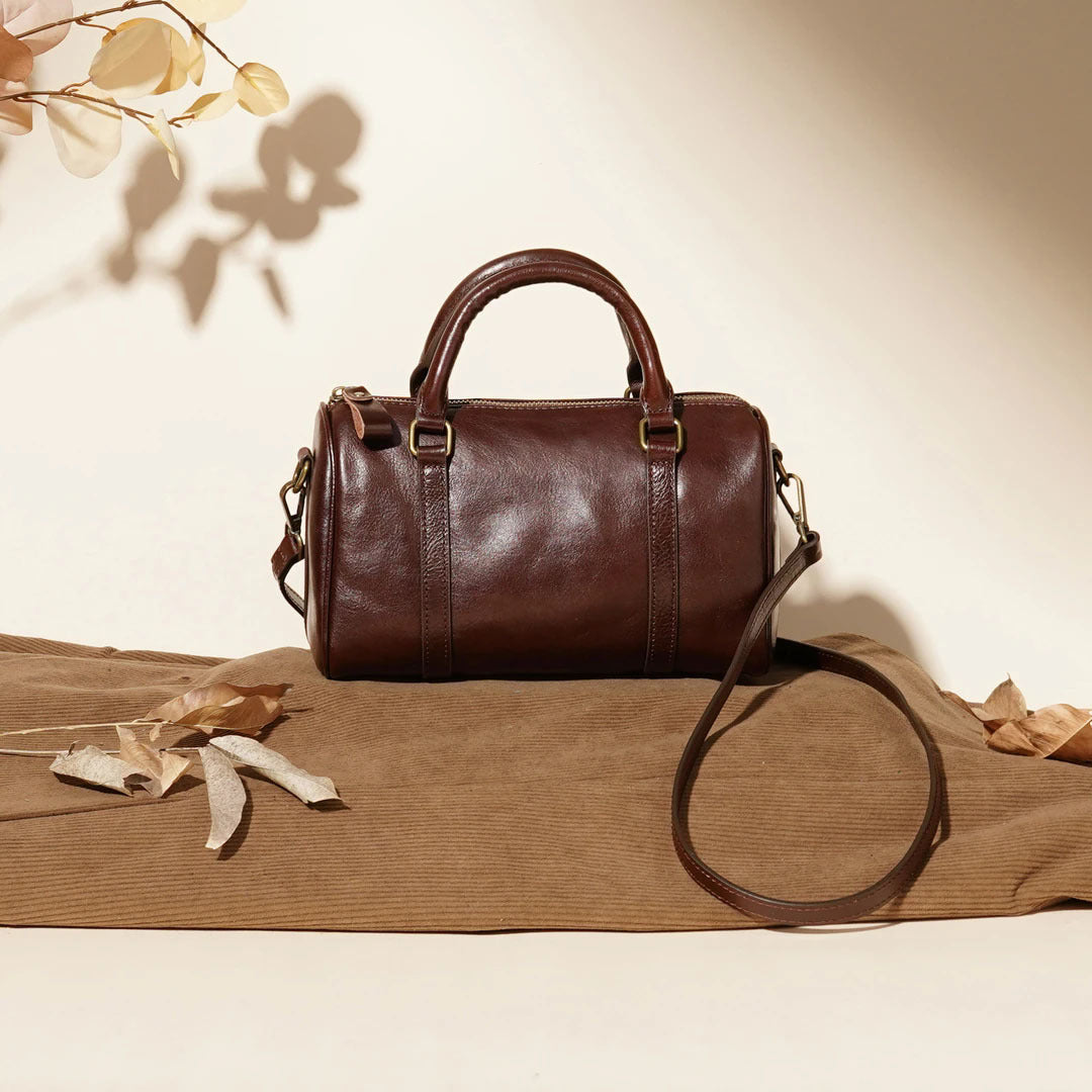 Vintage Leather Barrel Handbag Crossbody Shoulder Bag