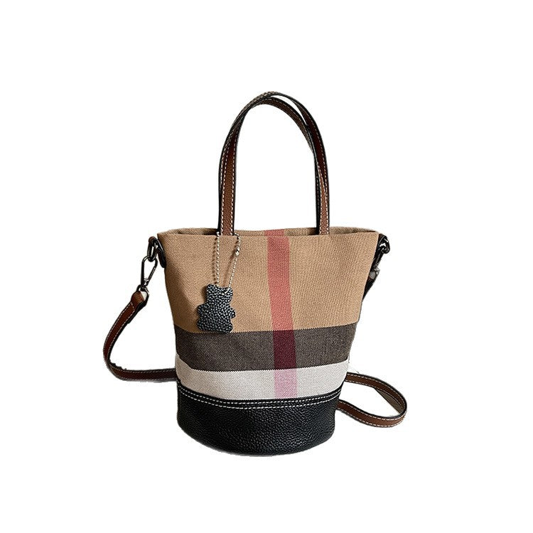 Versatile Canvas Stripe Cowhide Shoulder Bag