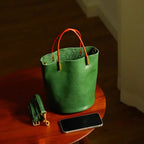 Stylish Green Faux Leather Bucket Shoulder Bag